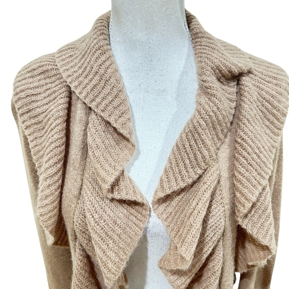 Etcetera Tan Ruffle open front Cardigan Sweater alpaca wool longline size small - Picture 5 of 6
